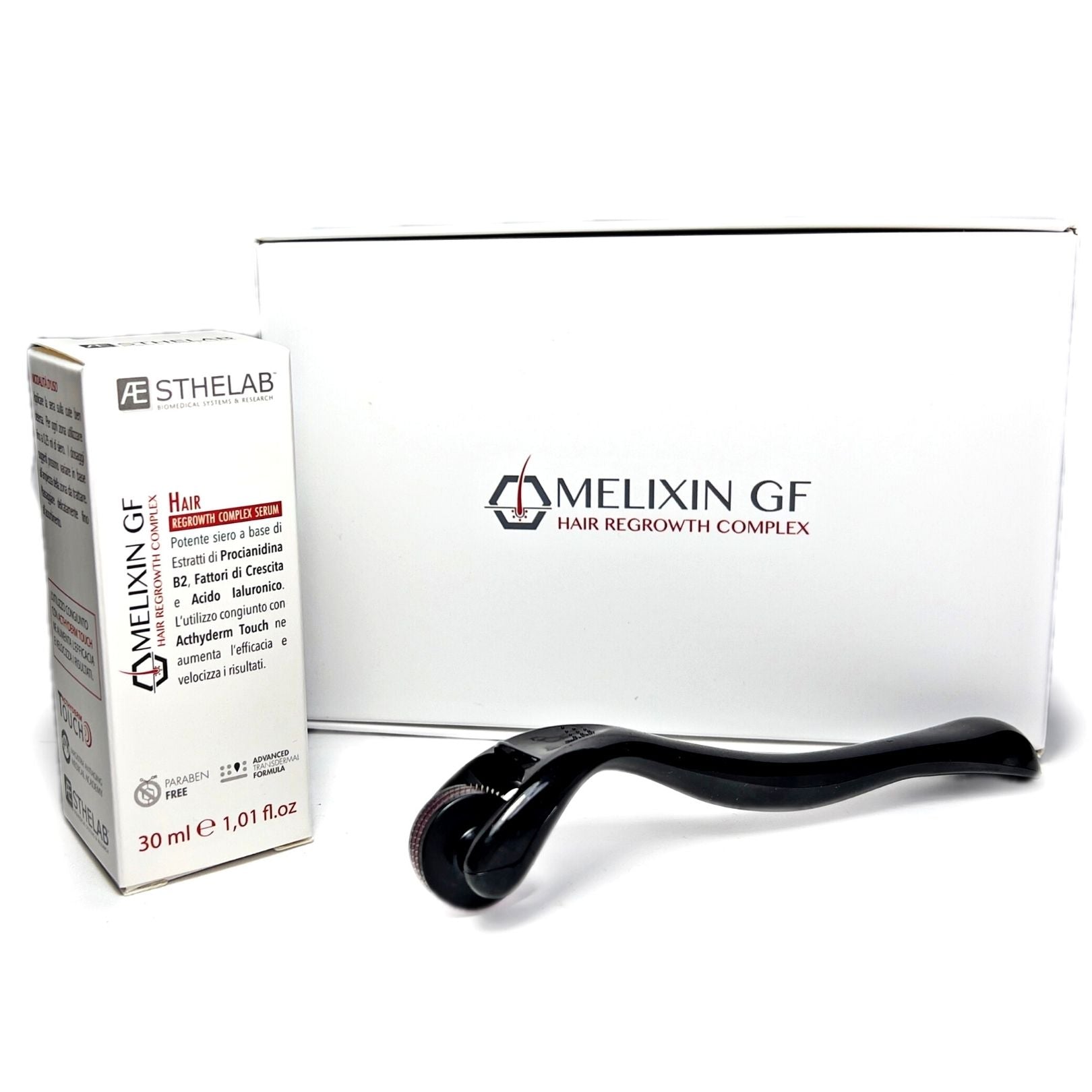 KIT Attivatore Bulbo pilifero Microneedling Melixin GF – conf. Dermaroller da 0,25+ siero Anti caduta